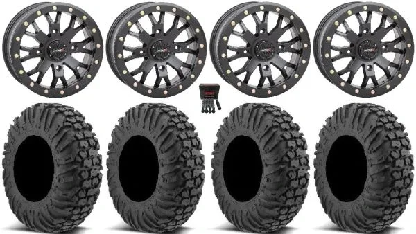 System 3 SB-4 Black (4+3) 15″ Wheels 34″ MotoVator Tires Kawasaki Teryx Mule