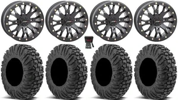 System 3 SB-4 Black (6+1) 15″ Wheels 30″ MotoVator Tires Can-Am Maverick X3 / Honda Pioneer 1000 / Talon