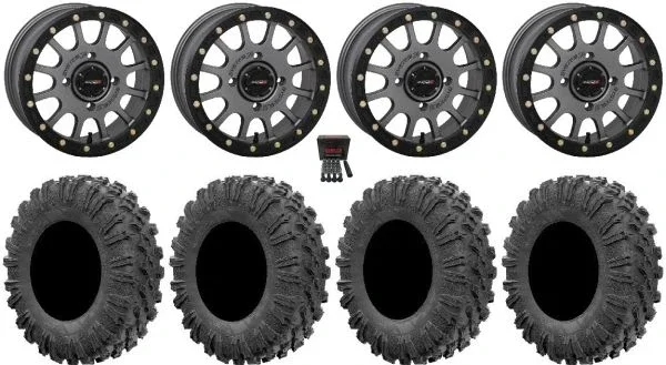 System 3 SB-5 Grey 14″ Wheels 27″ MotoRavage Tires Can-Am Maverick X3 / Honda Pioneer 1000 / Talon