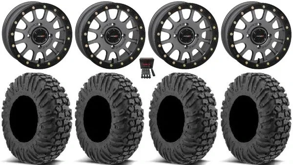 System 3 SB-5 Grey 14″ Wheels 28″ MotoVator Tires Polaris Sportsman / RZR / Ranger