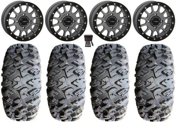 System 3 SB-5 Grey 15″ Wheels 31″ MotoClaw Tires Kawasaki Mule Pro FXT KRX / Yamaha Wolverine RMAX / YXZ 2019+