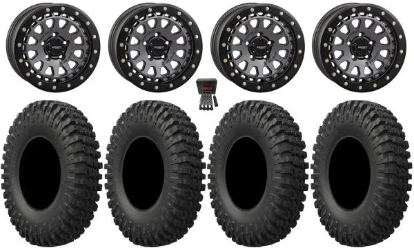 System 3 SB-6 15″ Wheels Gunmetal (4+3) 33″ MotoCrusher Tires Polaris RZR Turbo R & Pro R Ranger 1500 Xpedition