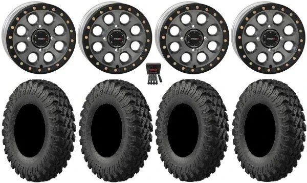 System 3 SB-7 14″ Wheels Titanium (4+3) 30″ MotoRally Tires Can-Am Commander Maverick Renegade Outlander Defender