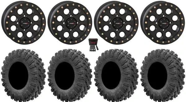 System 3 SB-7 15″ Wheels Black (4+3) 30″ MotoRavage Tires Kawasaki Mule Pro FXT KRX / Yamaha Wolverine RMAX / YXZ 2019+