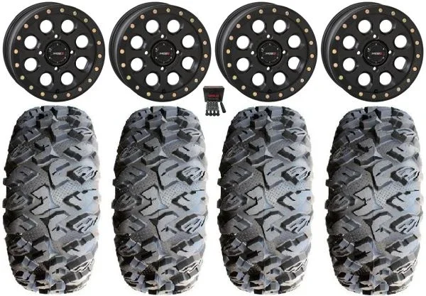 System 3 SB-7 15″ Wheels Black (4+3) 31″ MotoClaw Tires Kawasaki Mule Pro FXT KRX / Yamaha Wolverine RMAX / YXZ 2019+