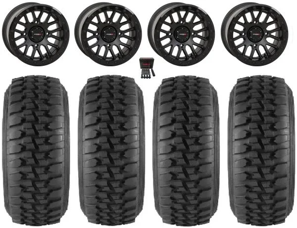 System 3 SB-9 Bdlk 15″Wheels Matte Bk 32″DS Soft Tires Kawasaki Mule Pro FXT KRX / Yamaha Wolverine RMAX / YXZ 2019+