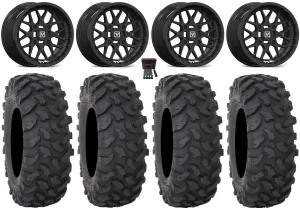 Valor V03 14″ Wheels Black 30″ XTR370 Tires Kawasaki Mule Pro FXT KRX / Yamaha Wolverine RMAX / YXZ 2019+