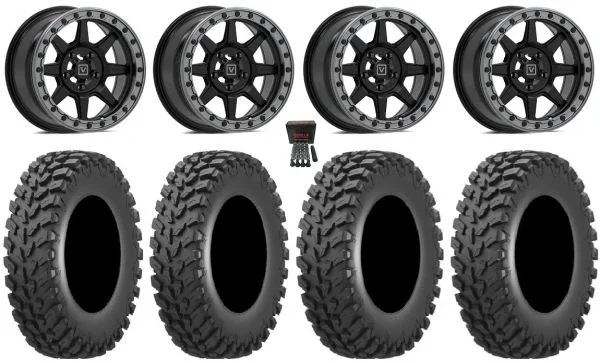 Valor V13 Beadlock 15″ Wheels Black 32″ Cross Trail Tires Kawasaki Mule Pro FXT KRX / Yamaha Wolverine RMAX / YXZ 2019+