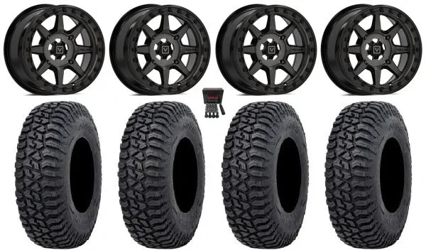 Valor V13 Beadlock 15″ Wheels Dark Tint 32″ Tricera Tires Kawasaki Mule Pro FXT KRX / Yamaha Wolverine RMAX / YXZ 2019+