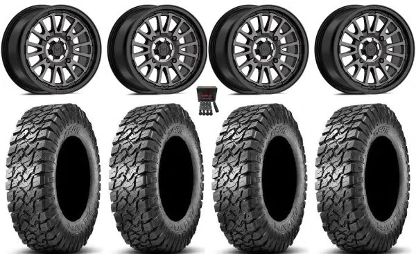 Valor V14 14″ Wheels Dark Tint 27″ Predator Tires Kawasaki Mule Pro FXT KRX / Yamaha Wolverine RMAX / YXZ 2019+