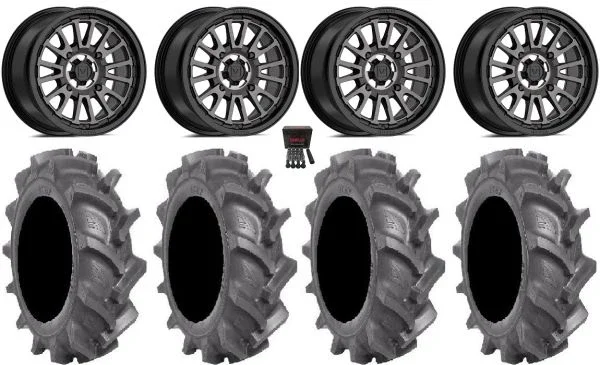 Valor V14 14″ Wheels Dark Tint 28″ BKT AT 171 Tires Polaris Sportsman / RZR / Ranger