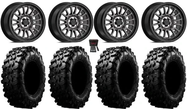 Valor V14 14″ Wheels Dark Tint 28″ Carnivore Tires Can-Am Commander Maverick Renegade Outlander Defender