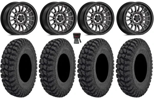 Valor V14 14″ Wheels Dark Tint 28″ Warrior AT Tires Kawasaki Mule Pro FXT KRX / Yamaha Wolverine RMAX / YXZ 2019+
