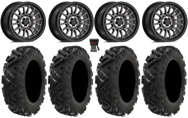 Valor V14 15″ Wheels Dark Tint 28″ Attack 2.0 Tires Kawasaki Teryx Mule