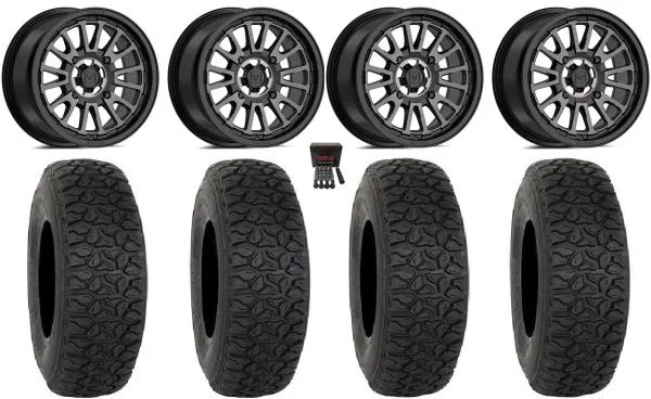 Valor V14 15″ Wheels Dark Tint 32″ DX440 Tires Kawasaki Teryx Mule