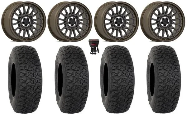 Valor V14 15″ Wheels Root Beer 32″ DX440 Tires Kawasaki Mule Pro FXT KRX / Yamaha Wolverine RMAX / YXZ 2019+