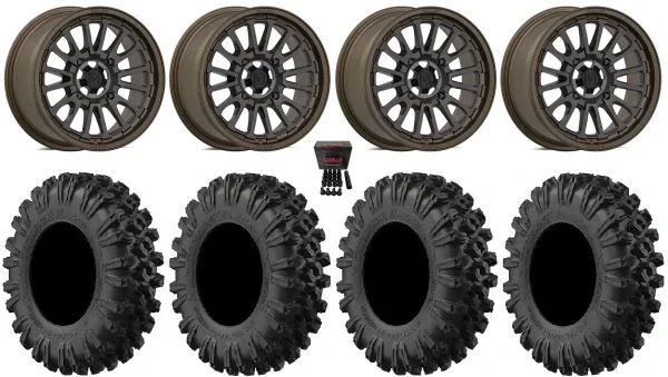 Valor V14 15″ Wheels Root Beer 32″ MotoRavage XL Tires Kawasaki Teryx Mule