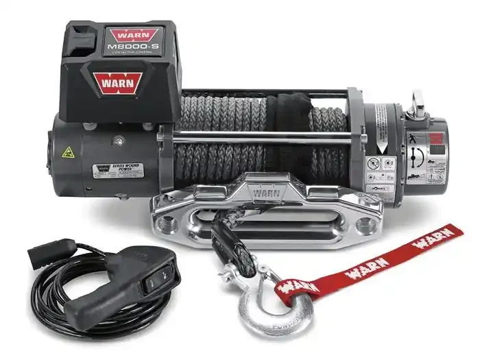 WARN 87800 M8000 Self-Recovery Winch (12V DC) 100‘ Spydura Synthetic Rope and Polished Aluminum Hawse Fairlead